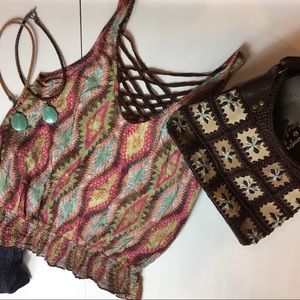 Boho Sleeveless blouse, leather neckline